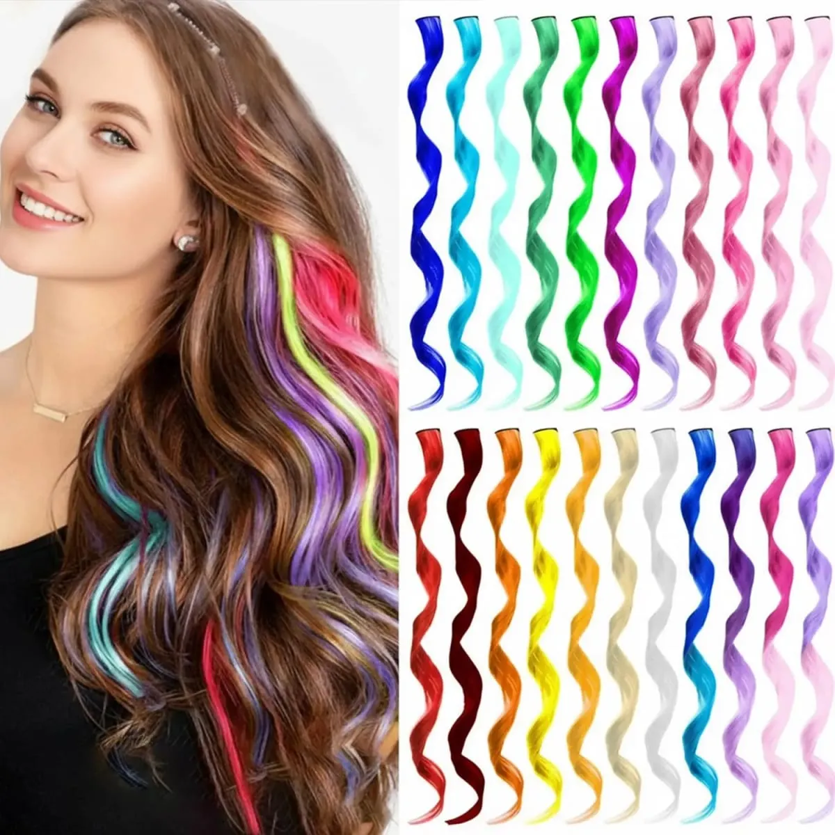 6 Pcs Black Hair Extensions 22 Inch Curly Wavy Colored Hair Colorful Clip in Extensions Highlight Party for Kids Girls Synthetic