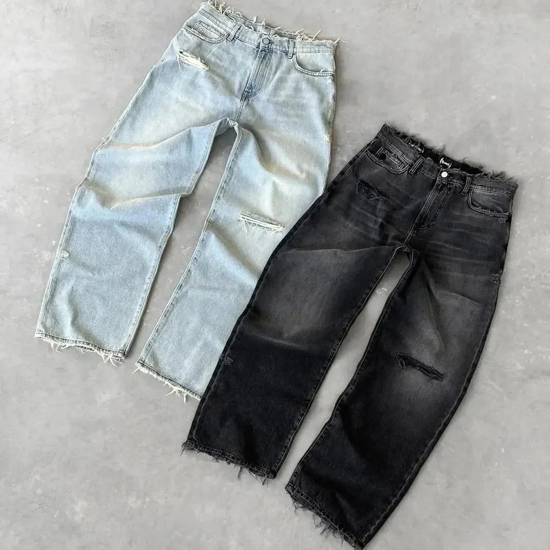 Straight Jeans Distressed Men Jean Ripped Holes Washed Denim Pants Ankle Length Loose Solid Zipper Fly Pockets Casual 2026