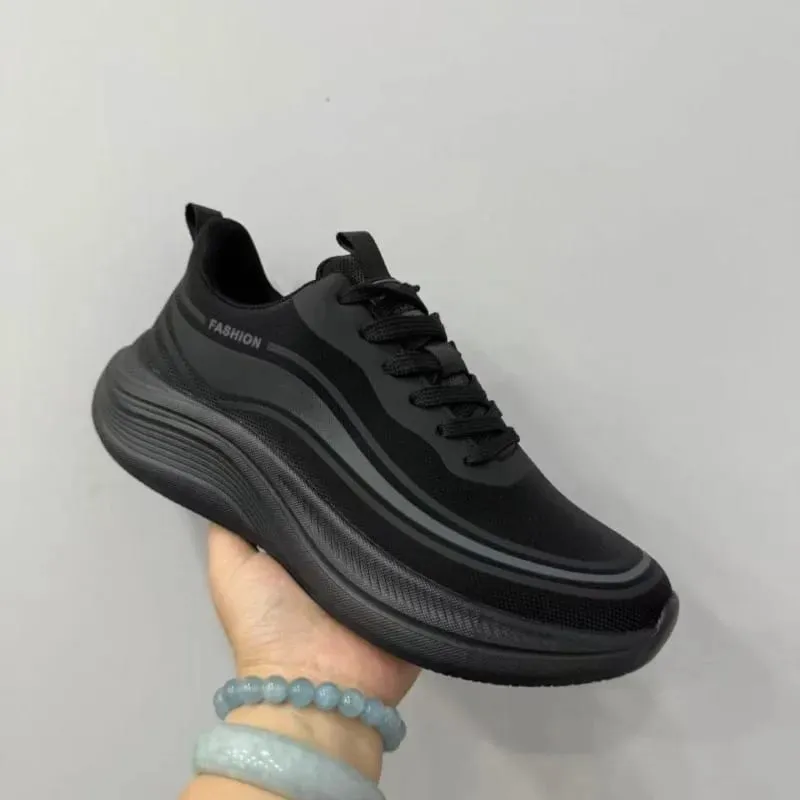 Men Breathable Mesh Sneakers Lace‑up Thick Platform Sole Lightweight Walking Shoes Outdoor Non‑slip Casual Sports Footwear