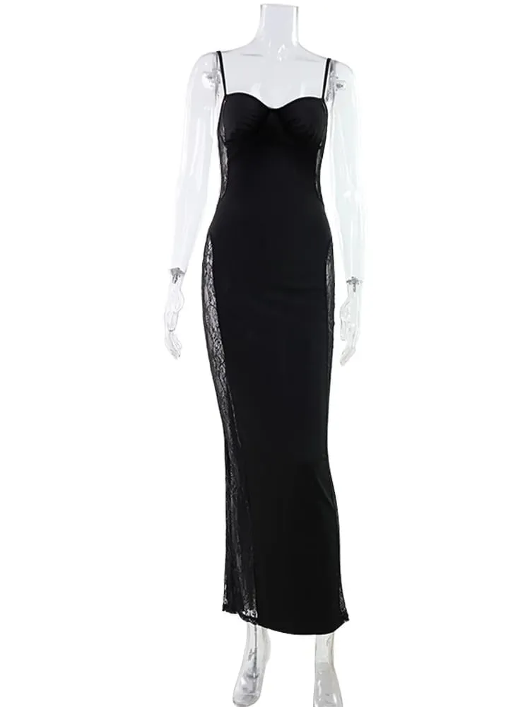 Lace Patchwork Camisoles Solid Split Women Dresses Hip Wrap Sheath Fashion Chic Party Outfits Sexy Club Trendy Female