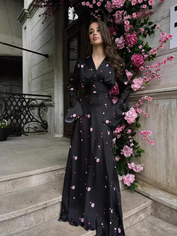 Organza Floral Printed Maxi Dress Fashion V-neck Puff Sleeve 2026 Spring/summer Romantic Women Party Gown Elegant Lady Vestidos