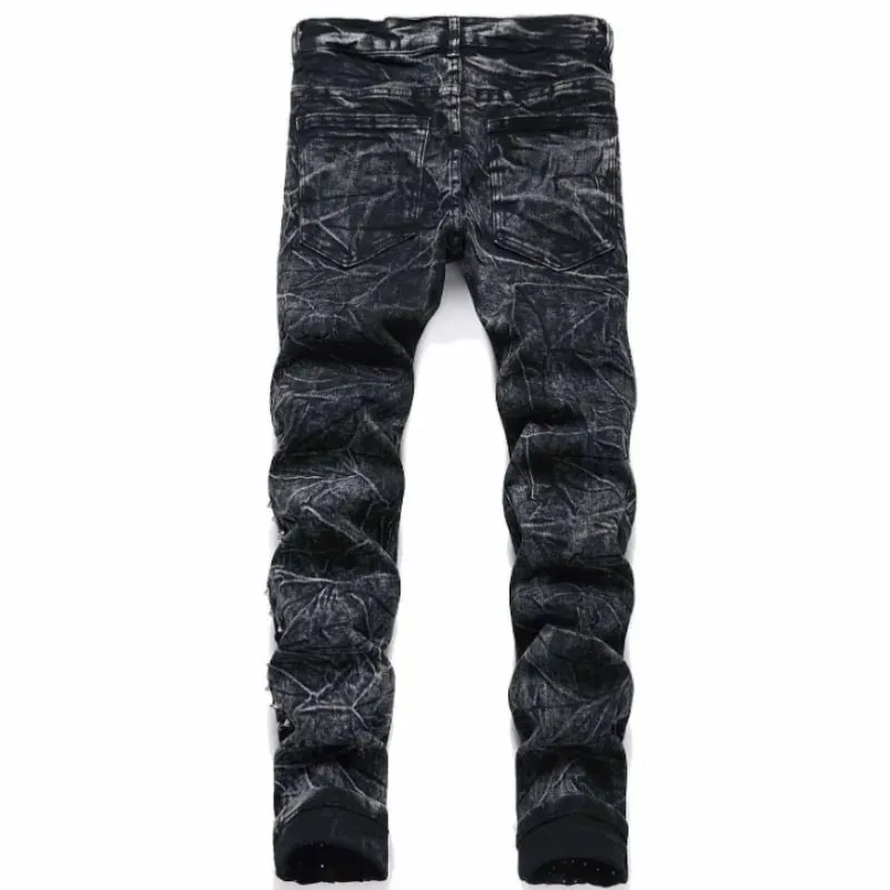 2025 nuevo cuatro estaciones Retro Punk High Street moda negro lavado anticuado adelgazamiento y anticuado Willow Nail Jeans para hombres