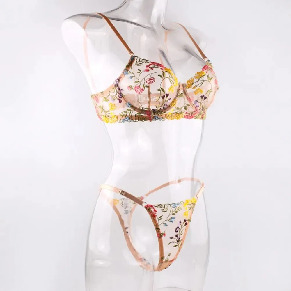 Set di biancheria intima floreale della Boemia in 2 pezzi Set di biancheria intima con ricamo trasparente Intimo Set di mutandine con reggiseno push-up con ferretto versatile per Lady Girl