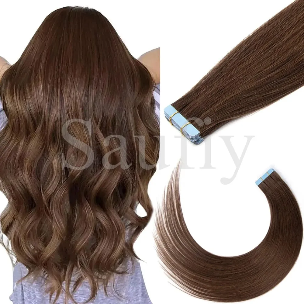 Blonde gerade Tape-In-Haarverlängerungen, Echthaar, 20 Stück/Packung, gerade, natürliches Schwarz, Blond, Braun, Tape-In-Haarverlängerungen, 12–20 Zoll, nahtlose doppelseitige Hauteinschlag-Tape-In-Haarverlängerungen für Frauen