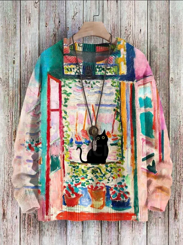 Cute Black Cat Flower Birds Art Pattern Print Casual Knit Pullover Sweater Classic Sweater Men's For Women's Pullover — image 9