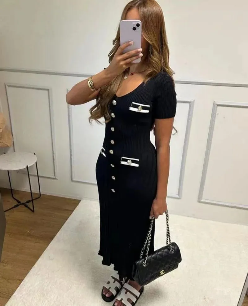 Elegant Knitted Maxi Dresses Bodycon Short Sleeve Ruffles Single Breasted 2025 New Dress Casual Communte Streetwear Vestidos