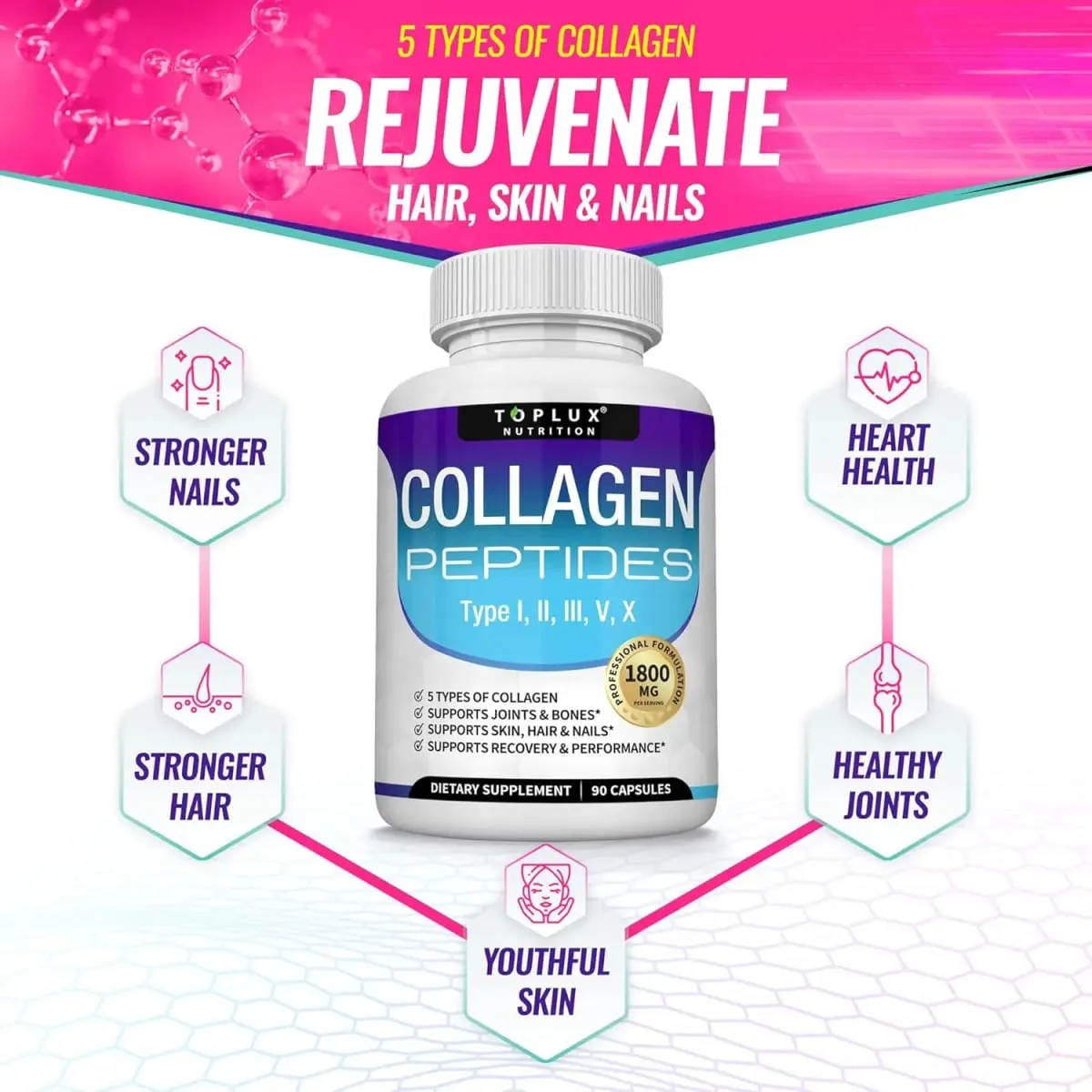 Cápsulas de múltiplos peptídeos de colágeno 1800 mg - pílulas de complexo de colágeno de proteína hidrolisada promovem articulações da pele e do cabelo para homens e mulheres