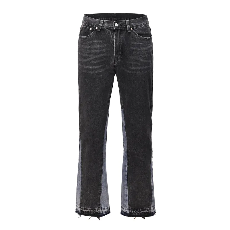 Vintage Flared Jeans for Men Y2k Streetwear Frayed Bell Bottom Baggy Hip Hop Graffiti Colorblock Slim Fit Jeans Pants Man Black