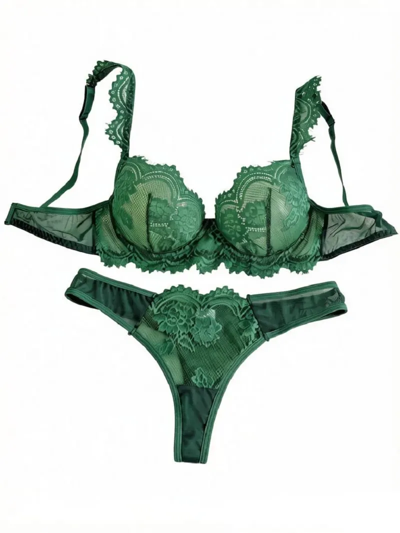 مثير خمر الأخضر رمش الدانتيل مجموعة الملابس الداخلية السيدات بقماش شفاف Underwire البرازيلي ثونغ نوم 2 قطعة S-XL