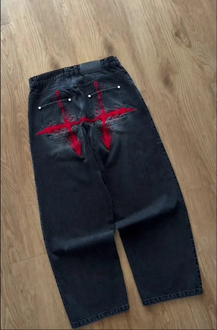 Y2K Vintage Loose Denim Pants Black Japan Cartoon Pattern Embroidered Jeans Women Wide Leg High Waist Streetwear Men Jeans