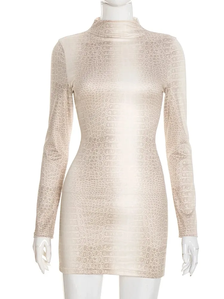 Weird Puss Hottie Snake Pattern Dress Kvinder Vinter Trend Fuldærmet Sexet Street Midnight Activity Stretch Skinny Mini Bodycon