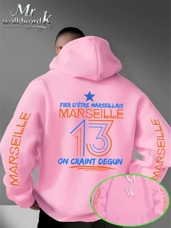 Мужская толстовка с капюшоном Marseille 13 City с несколькими принтами на рукавах и буквами сзади, осенне-зимняя флисовая свободная толстовка с капюшоном