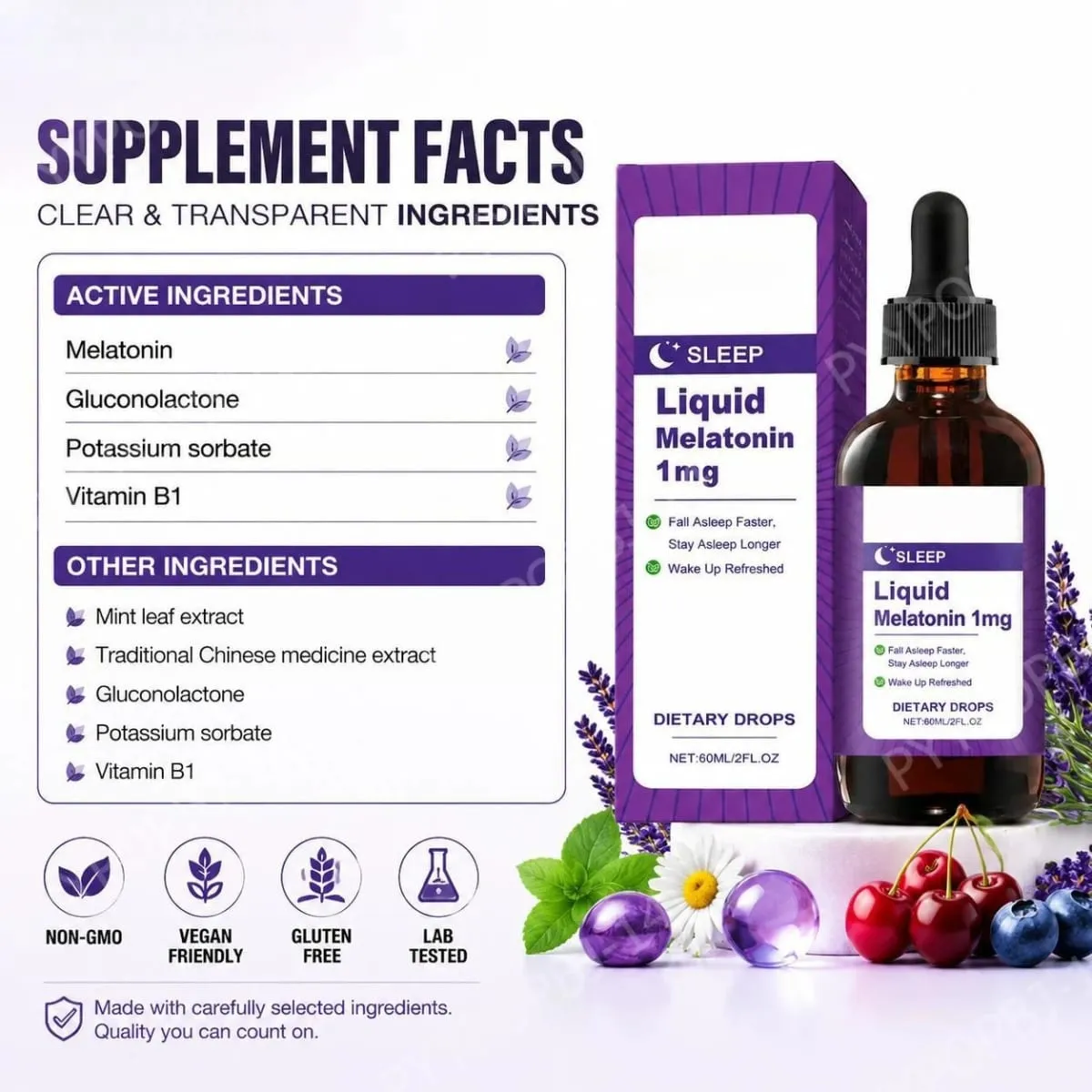 Liquid Melatonin 1 Mg Sleep Drops Mint Leaf Extract Fall Asleep Faster Stay Asleep Longer Wake Up Refreshed 60 ML