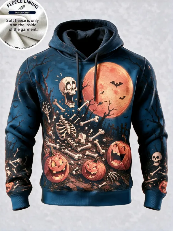 3D Print Halloween Fleece Hoodie Ghost Pumpkin Bat Spider Web Candle Graveyard Pullover Long Sleeve Kangaroo Pocket Sweatshirt