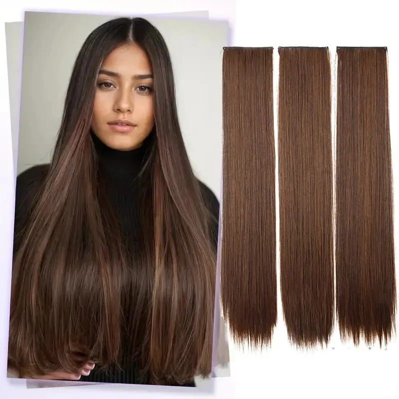 24Inch Synthetic Long Straight 3pcs/set Hair Extension Invisible Hair Thickening Hairpiece for Women Daily Use