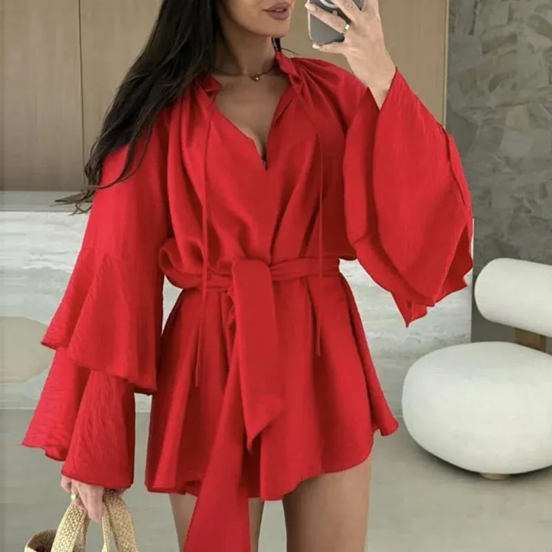 Xuân Hè Ren Rời Mini Váy Đầm Tay Loe Ngày Lễ Áo Cổ Chữ V Sâu Gợi Cảm Phối Ren Chắc Chắn Đầm Nữ vestidos
