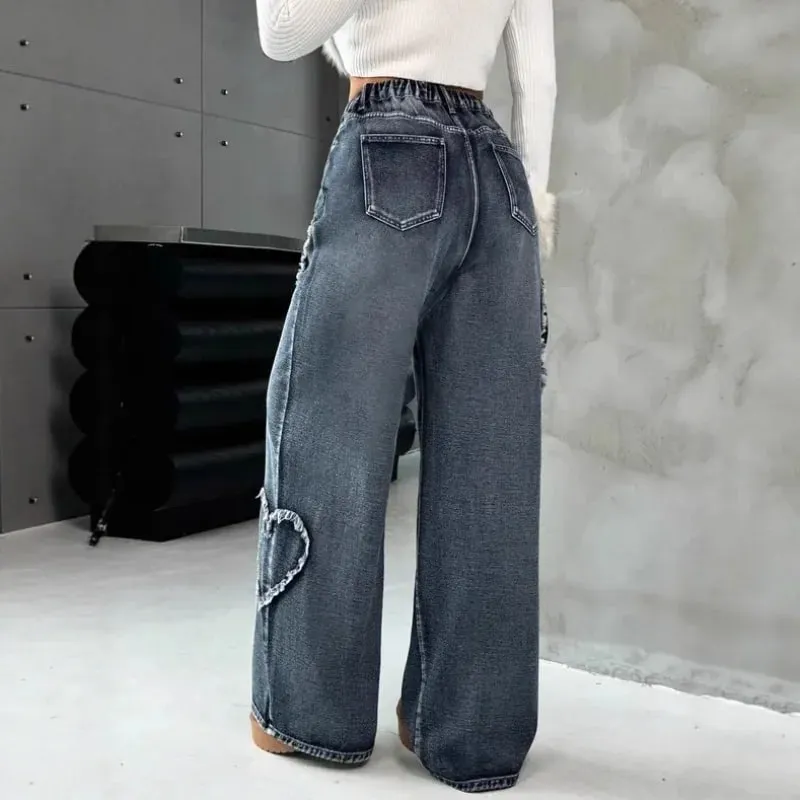 American Retro Frayed Edge Patchwork Heavy Washed Denim Jeans Unisex Street Loose Straight Wide-Leg Trousers 21095 — image 4