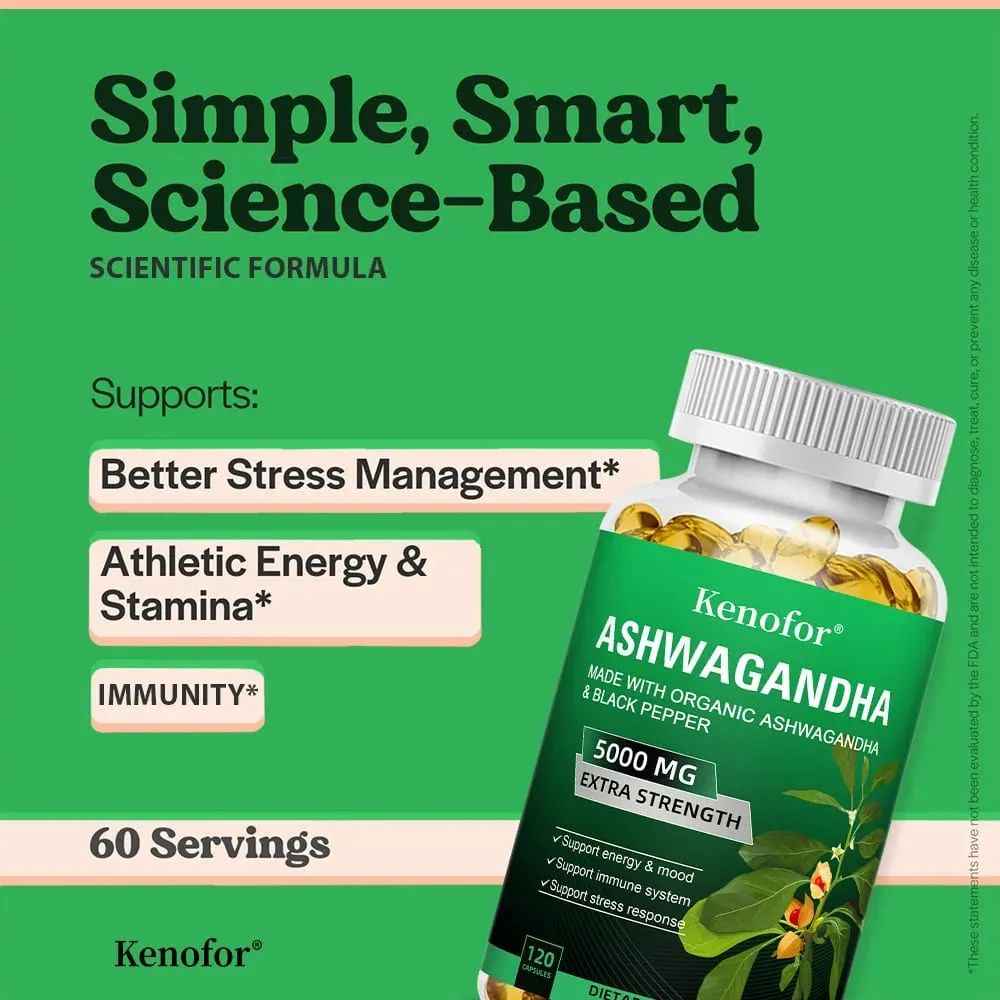 Pure Ashwagandha Root Extract Capsules 5000mg for Natural Mood Stress Focus Brain Energy Sleep Health