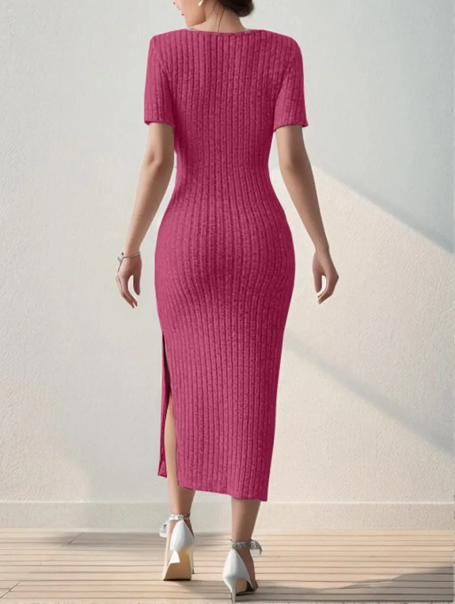 Summer Square Neck Hip-Hugging Mid-Length Skirt Short-Sleeved Versatile Knitted Slit Dress
