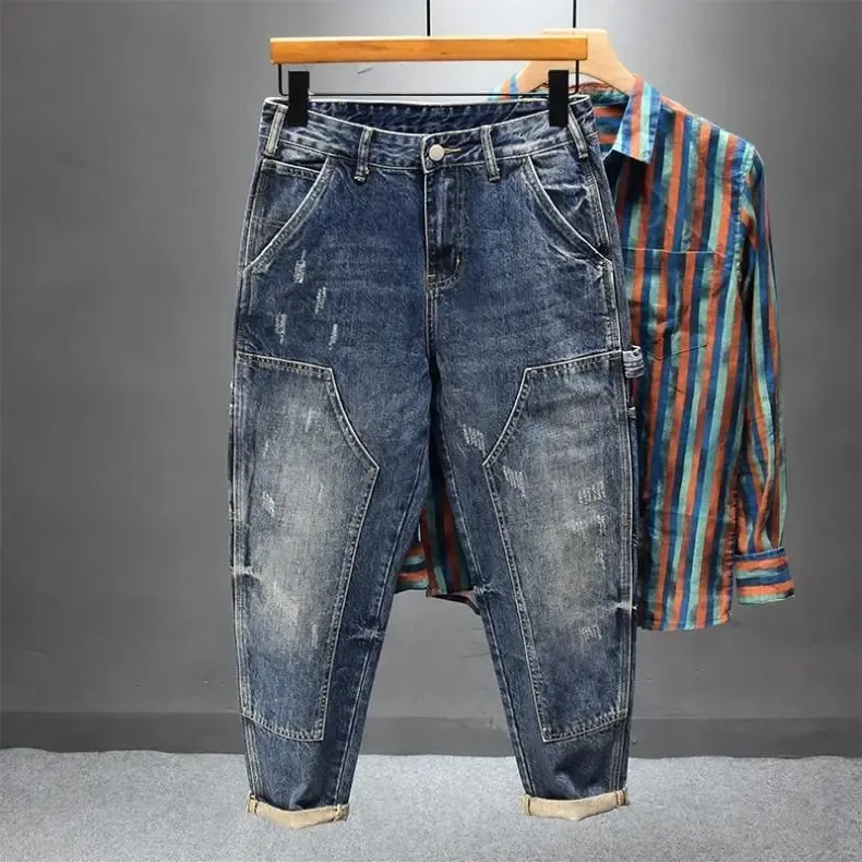 Heavy Trendy 2025 Brand Tooling Multi-pocket Jeans Men's Trend Loose Retro Small Feet Harlan Patchwork Cargo Straight Pants