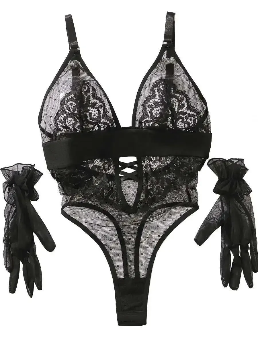Sexy Bodysuits Polka Dot Mesh Flower Embroidery Lace Glove Backless Deep V Suspenders Sleeveless Bodysuits Charming Casual LE4A — image 6