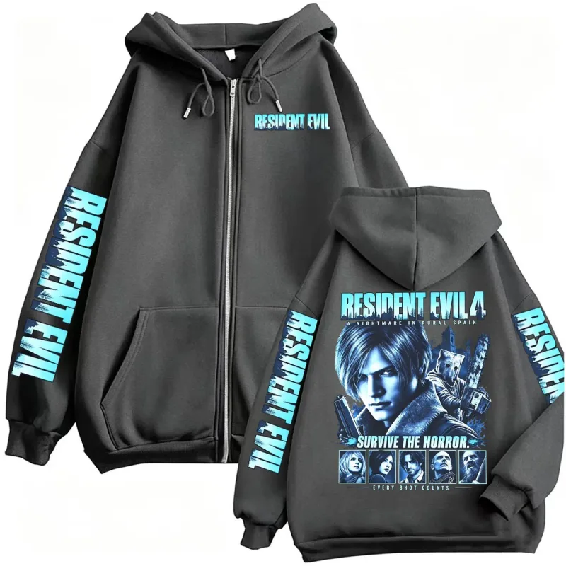 Resident Evil Requiem Sweats à capuche zippés Leon Kennedy Jeu d'horreur Sweat à capuche zippé Hommes Femmes Harajuku Veste classique Sweat Manteaux
