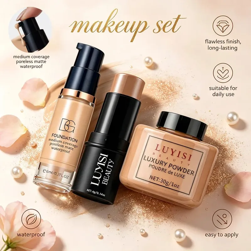 Facial Makeup Set:1PC Foundation+1PC Contouring Stick+1PC Setting Powder Full Coverage Waterproof And Sweatproof Soft Cosmetics. — image 5