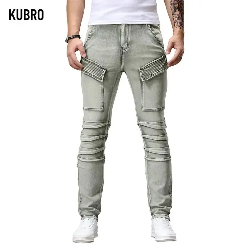 Retro Motorcycle Denim Jeans Men's Trending Patchwork Handsome Slim Fit Long Pants Fashion Board Straight Leg Jeans Denim Pants