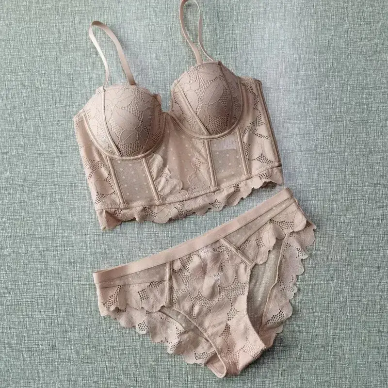 Mesh Lace Push Up Half Cup Bra Set Underwear with Removable Straps 7 Breasted Broadside Shape Bra Women Beautiful Sexy Lingerie