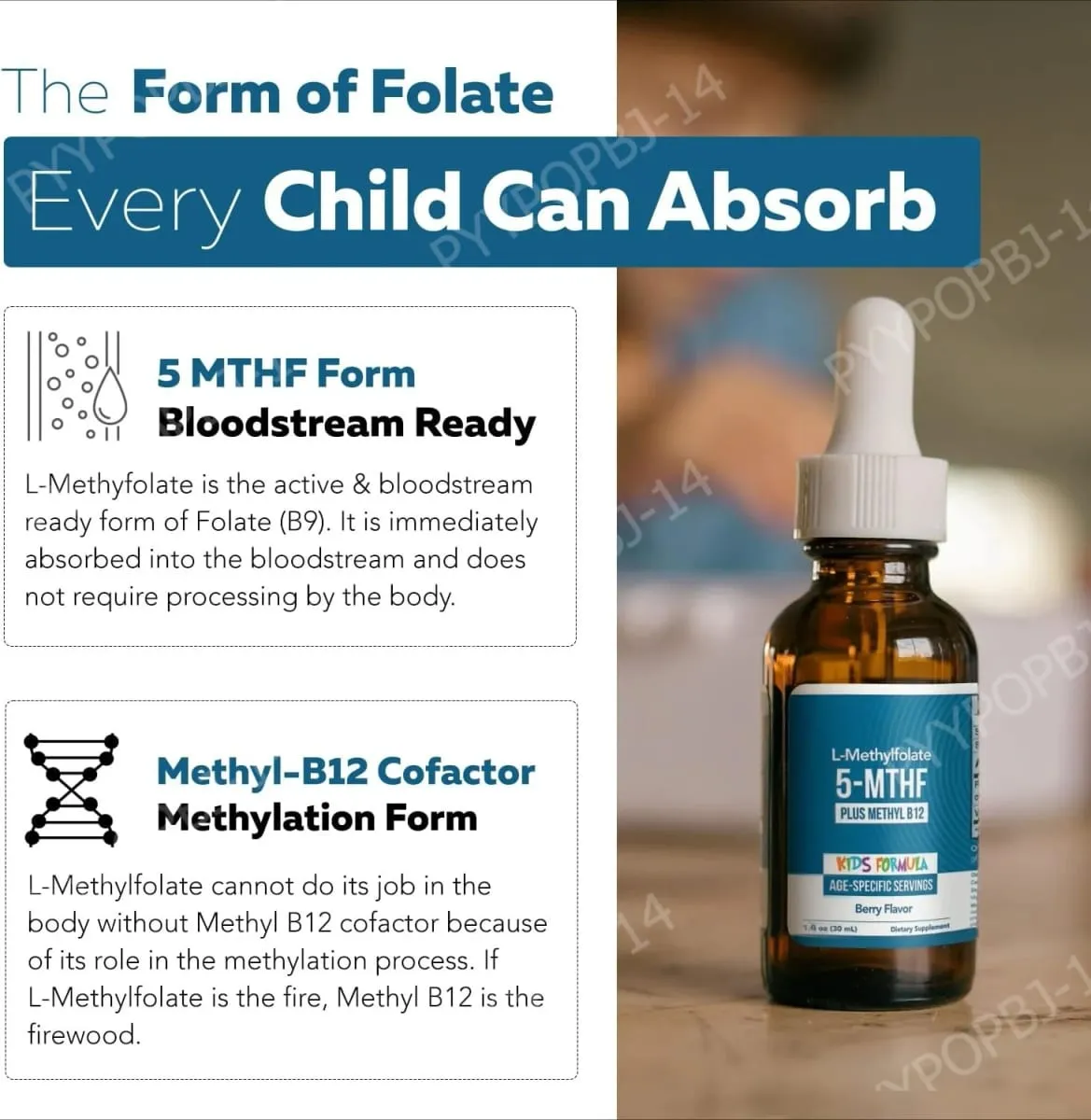 Kids L-Methylfolate 5-MTHF Liquid Drops with Methyl B12 Active Folate Support 1 Fl Oz USDA Organic Vegan Non-GMO