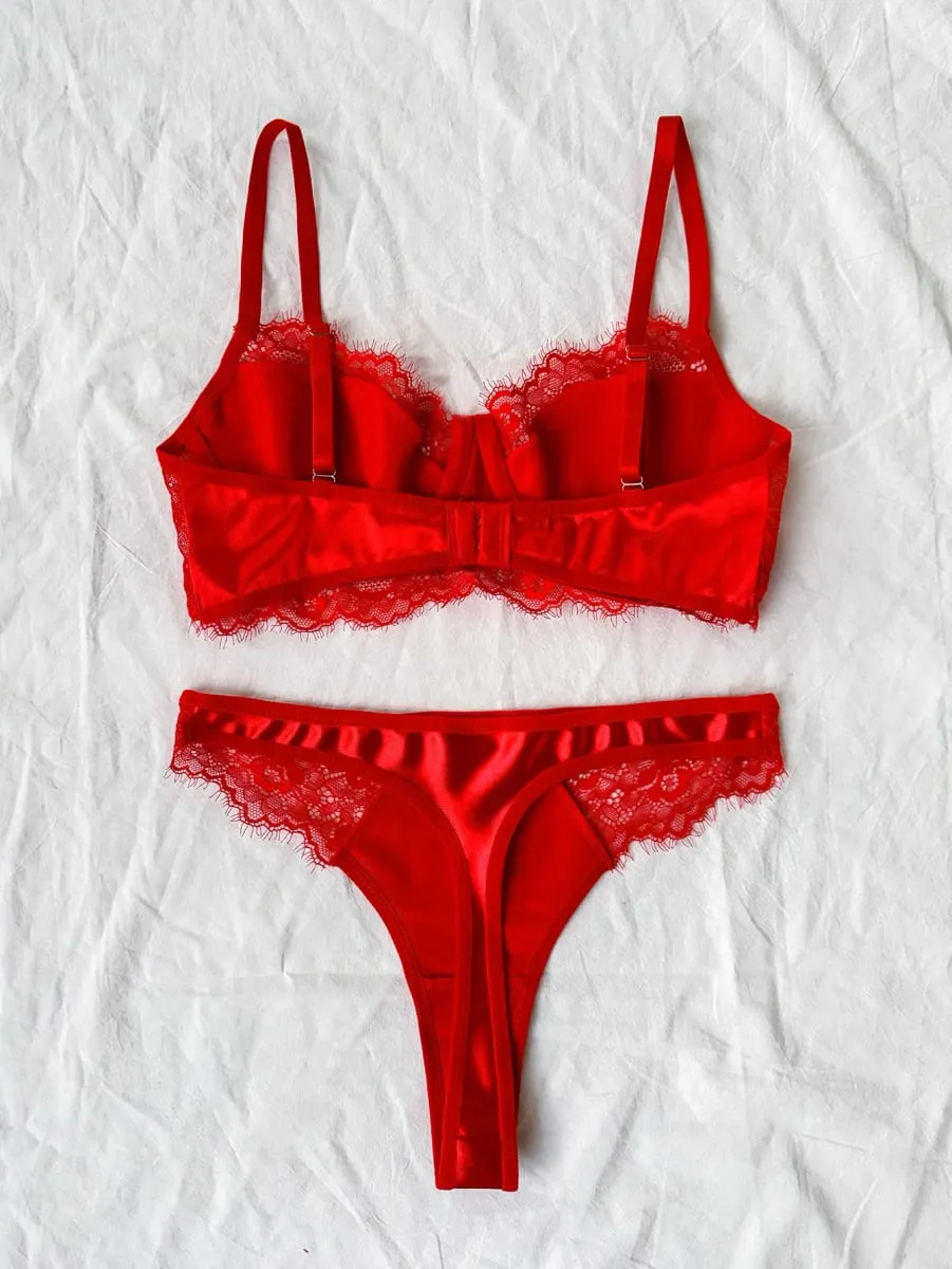 Γυναικείο 2025 Sxy Lace strapping underwire σουτιέν χωρίς επένδυση και βραζιλιάνικο σλιπ - Σετ εσωρούχων με φανταχτερές βλεφαρίδες