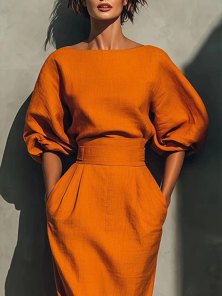 A-lien – robe de soirée élégante, couleur unie, décontractée, col rond, manches lanternes, poches, tempérament, taille haute, plissée, portefeuille aux hanches
