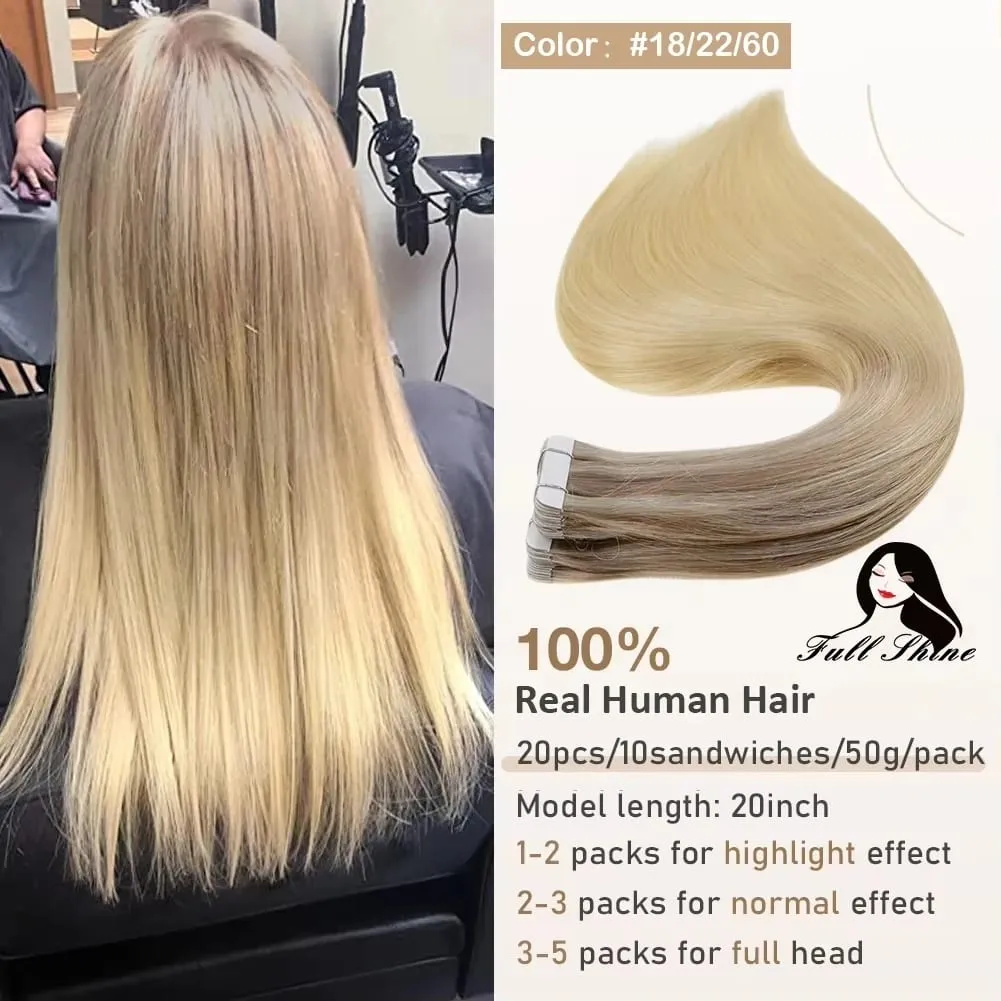 Full Shine Tape hajhosszabbításhoz 20 db Skin Weft Remy Straight Hair Ragasztó brazil hajra nőknek — image 13