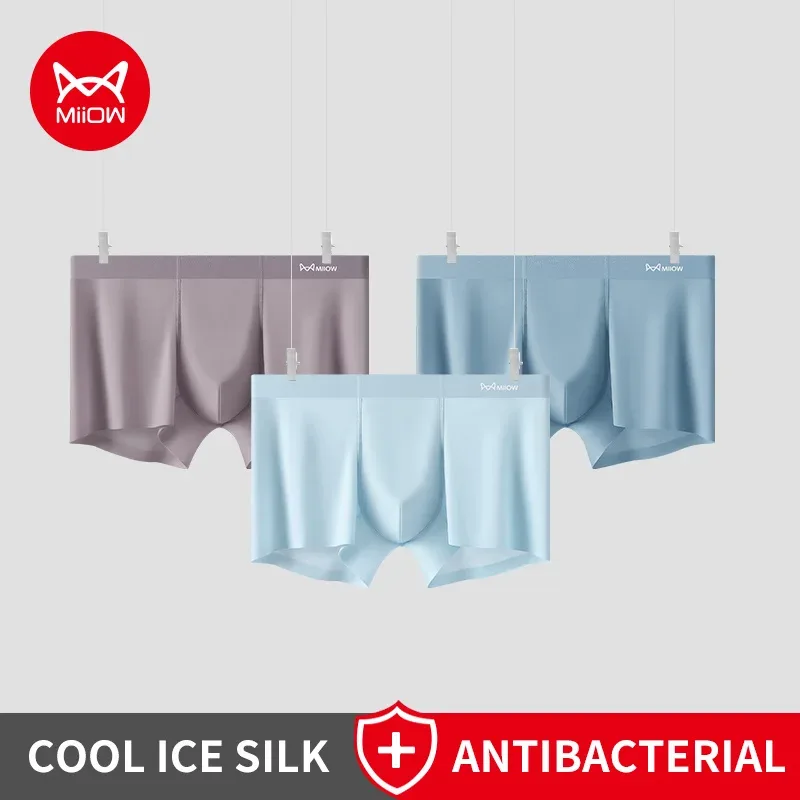 MiiOW 3Pcs Ice Silk Men's Panties Antibacterial Men Underwear Boxer Breathable Mesh Crotch Man Underpants Summer Men Boxershorts
