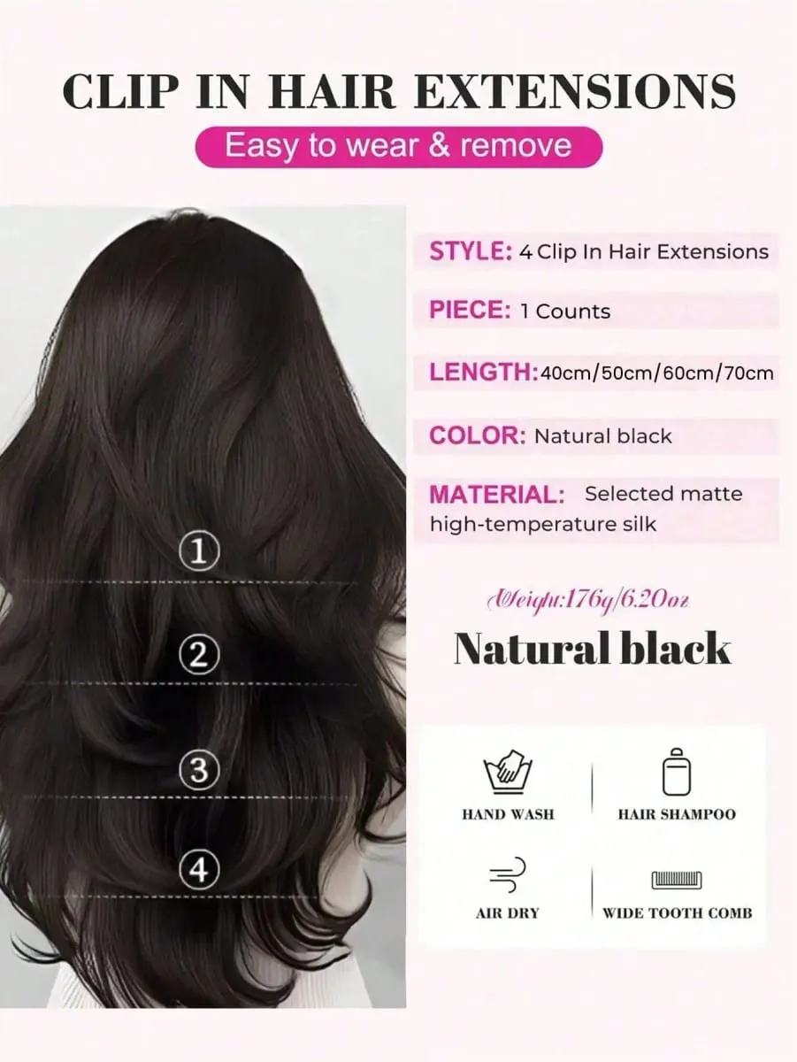 Synthetic Long Curly Wavy Clip in Hair Extension V-shaped Heat Resistant Black Hairpiece for Women