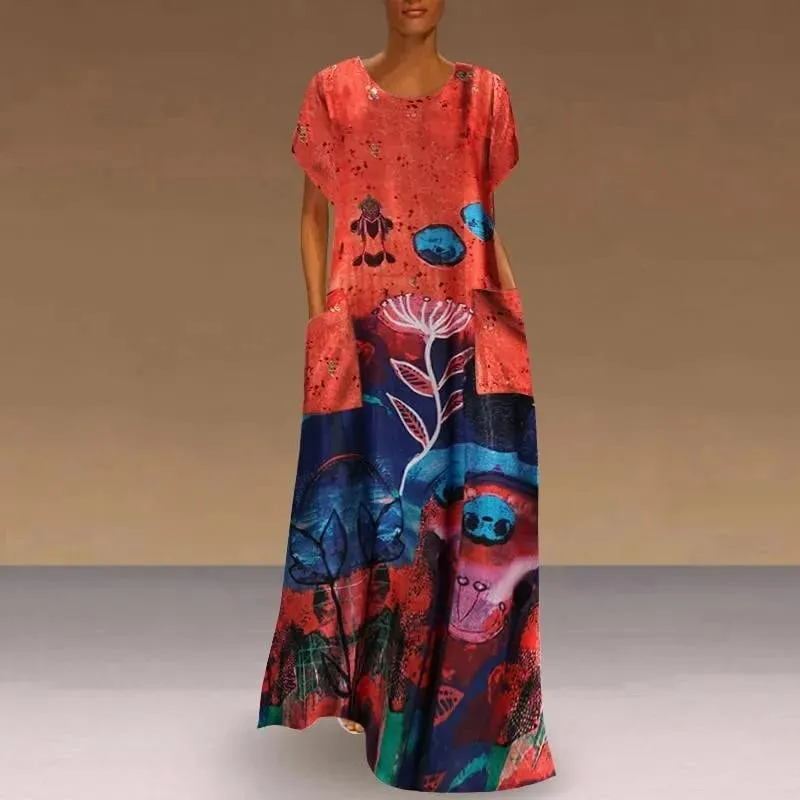 Spring Summer Long Dresses For Women New Floral Printing Short Sleeve Pockets Round Neck Casual Elegant Loose Female's Vestidos