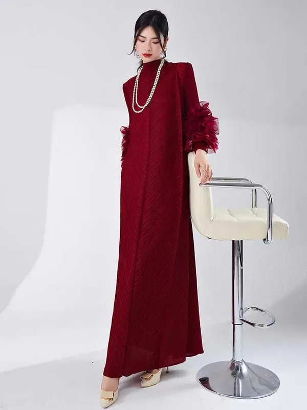 Long Pleated Dress With Ruffles Sleeves Loose Solid Color Stitching Female Party Clothing Summer New Clothes 2DA5900