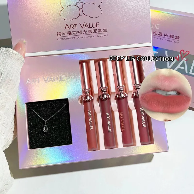 ART VALUE 4Pcs Lipgloss Liquid Lipstick Lasting Moisturizing Makeup Mirror Lip Glaze Set With Necklace Lip Tint Beauty Makeup — image 2