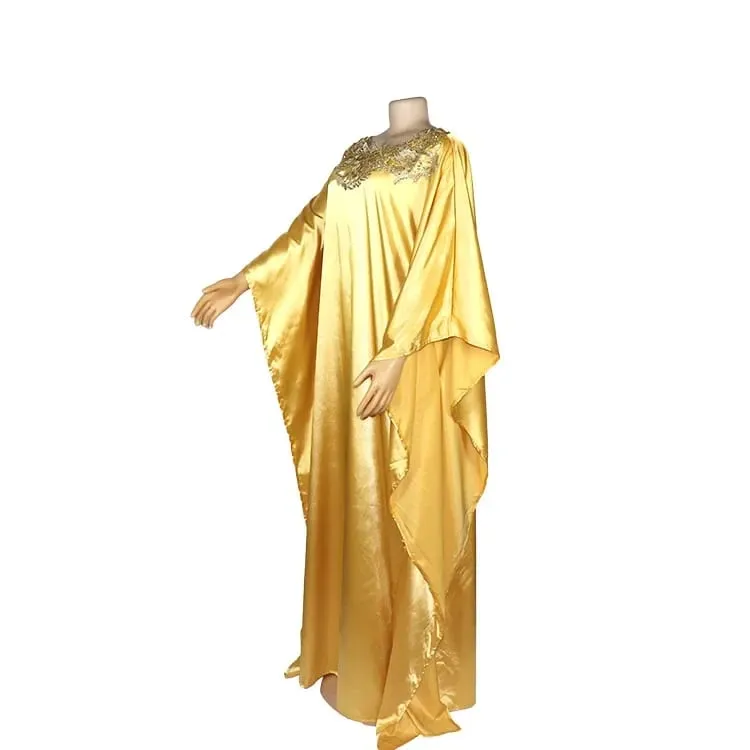 MCK Africa Gown Dress Silk Fabric Satin Gold Color Golden Flower Embroidery Diamond Abaya Party High Quality Maxi Long Dresses