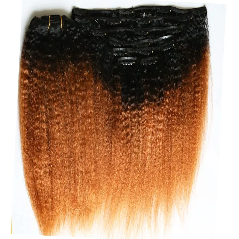 Ombre Two Tone 1B 30 Kinky Straight Human Hair Clip In Extensions Coarse Yaki Virgin Remy Indian Hair Clips In Hair