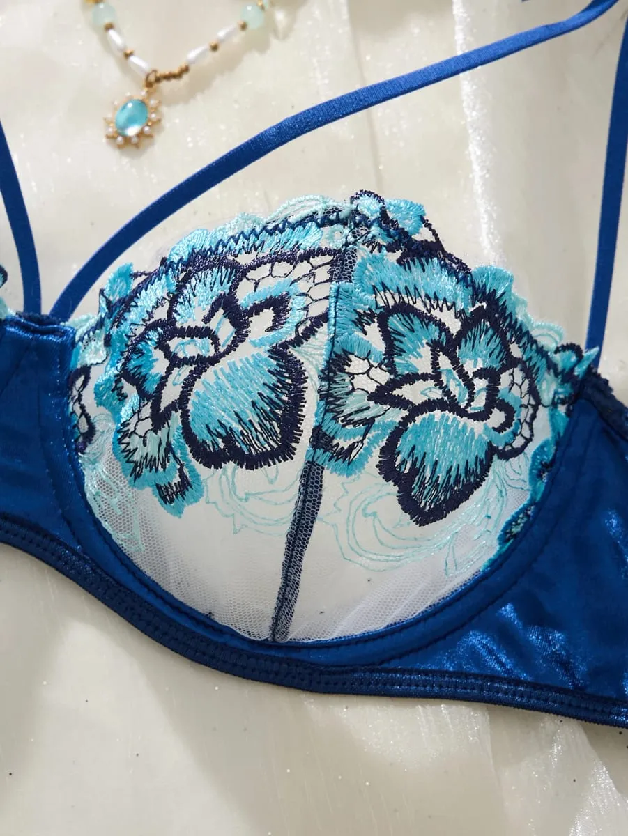 Blue Flower Lace Lingerie Set Shoulder Bow Strappy Underwire Bra Adjustable Briefs Seductive Boudoir Intimate Outfit — image 4