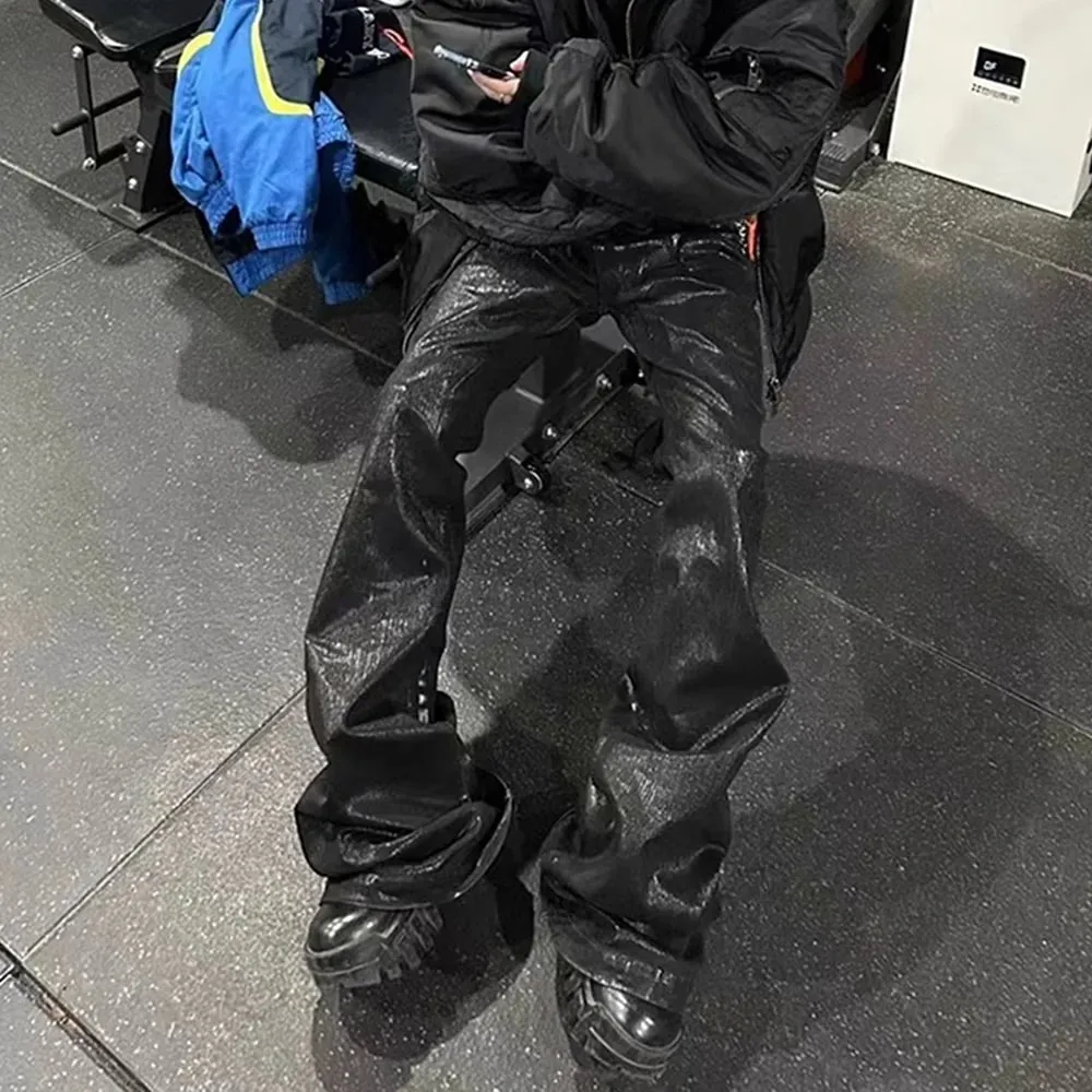 Streetwear Black Wax Leather Strecth Jeans for Men Ropa Hombre Baggy Y2k Flare Pants Oversized Straight Denim Trousers