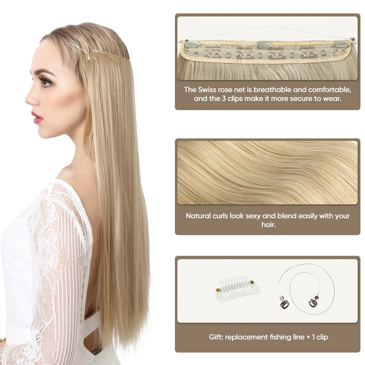Premium Heat Resistant Synthetic Invisible Wire Hair Extensions With Clips Hairpieces Long Natural Straight Fake Hair For Woman