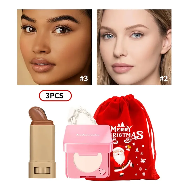 3Pcs Foundation Stick Face Pressed Powder Compact with Christmas Drawstring Bag Long Lasting Matte Face Cosmetic Christmas Gift