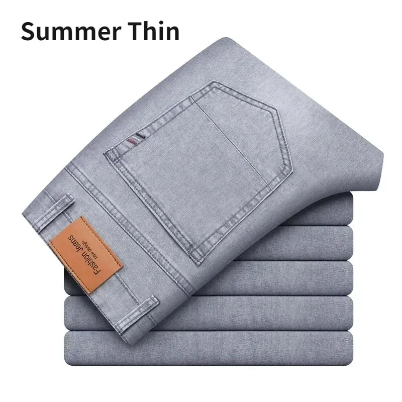 2024 Brand Thin or Thick Material Men's Elastic Cotton Jeans Fashion Gray Comfortable Denim Business Casual High Waist Pants