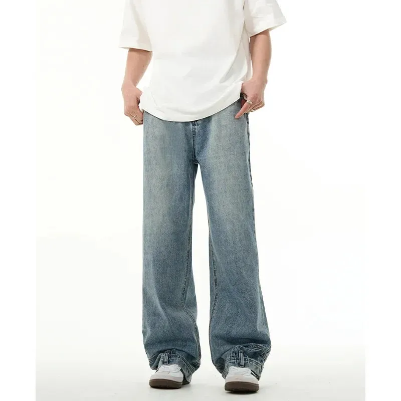 Autumn Men's High Street Fashion Baggy Jeans Reverse Pocket Design Straight Wide Leg Denim Trousers Solid Color Y2K Vintage Jean
