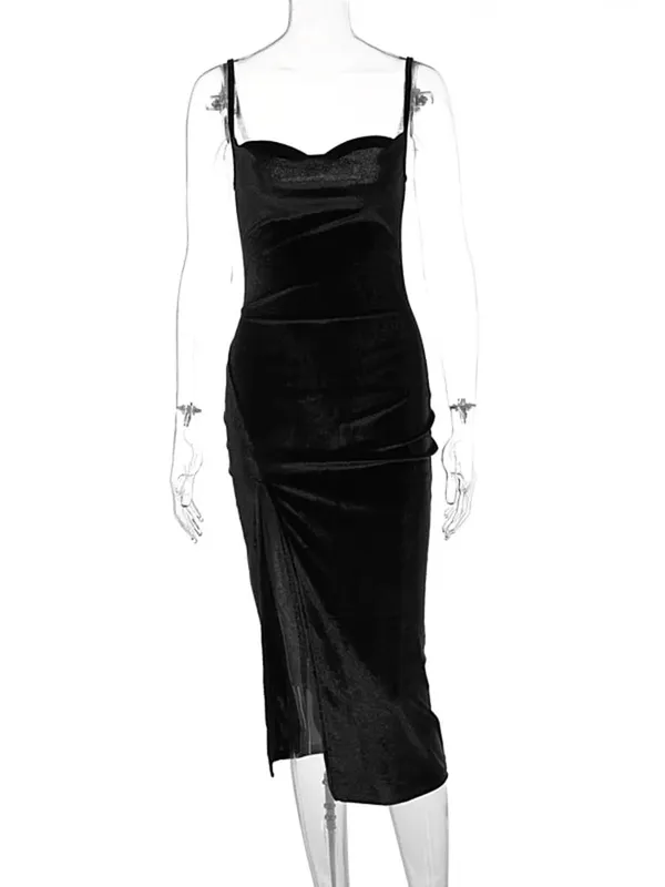 Hugcitar Velvet Swing Collar Slip Tanpa Lengan Gaun Maxi Celah Seksi 2025 Fesyen Baharu Pakaian Jalanan Wanita Pesta Petang Elegan Y2K