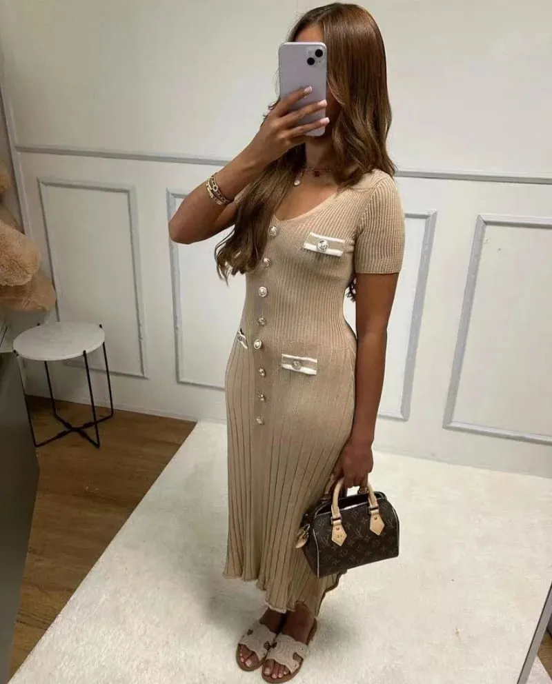 Elegant Knitted Maxi Dresses Bodycon Short Sleeve Ruffles Single Breasted 2025 New Dress Casual Communte Streetwear Vestidos