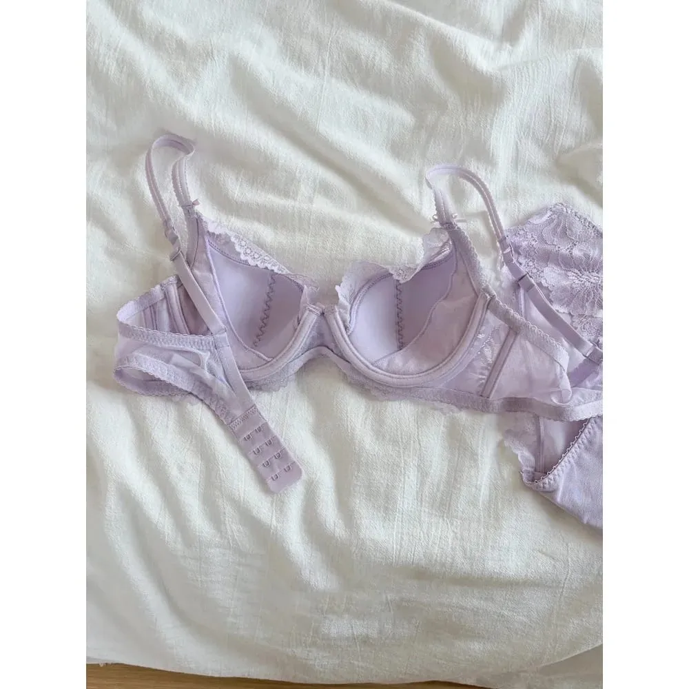 Purple French Lace Bra Embroidery Soft Underwire Minimizer Big Bust Lift Anti Sag Gathering Support Daily Lingerie 32-38 Bra Set