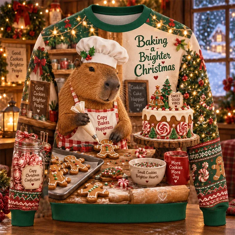 Capybara Christmas Sweater Funny Animal Holiday Graphic Crewneck Xmas Pullover Winter Party Gift Casual Streetwear Festive Top